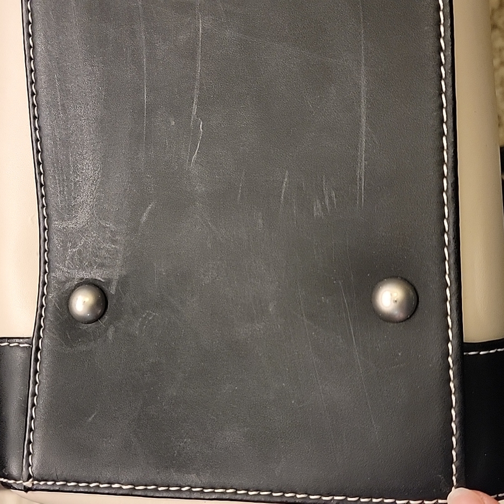 Longaberger Sisters Belted Double Handle Leather Tote Black And Cream - Picture 9 of 10